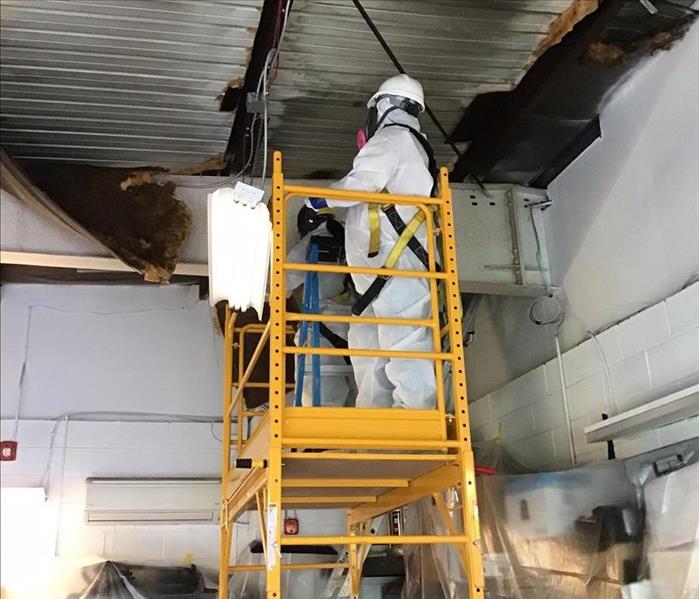 Man in biohazard suit on lift cleaning